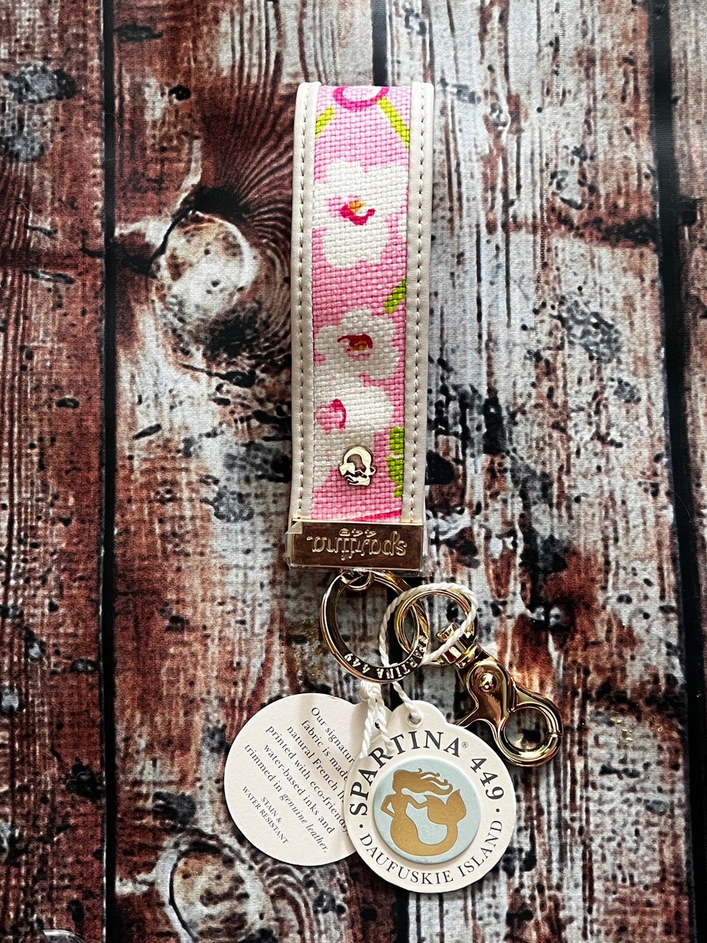 Spartina 449 Pink White Floral Key Fob Keychain with Gold Hardware